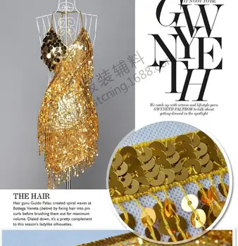 Zlato Sequined Zlata Fringe Strapec Čipky latinskej Šaty Macrame Orezávanie Hologram Samba Tanečné Oblečenie, Šitie, Čalúnenie 15 cm 14 Dvore/Veľa