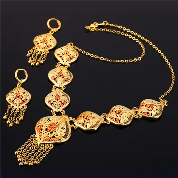 Zlatá Farba Indické Šperky Set Ženy Strapec Náhrdelník & Náušnice Kvapka Vintage Strany Earing A Náhrdelníky Sady Šperkov NE895