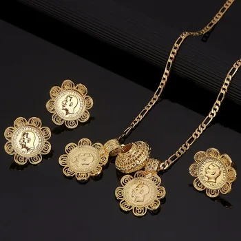 Zlatá Farba Mince, Šperky Set Etiópskej Náhrdelník S Príveskom, Náušnice, Prsteň Habesha Svadobné Eritrea Afrike Darček