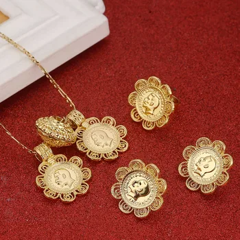 Zlatá Farba Mince, Šperky Set Etiópskej Náhrdelník S Príveskom, Náušnice, Prsteň Habesha Svadobné Eritrea Afrike Darček