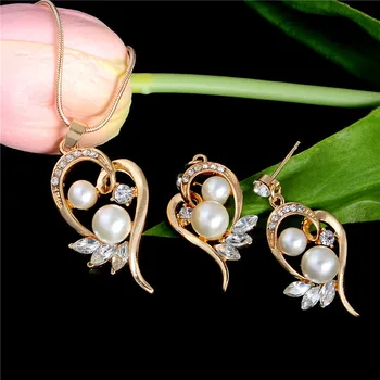 Zlatá Farba Náhrdelníky Náušnice Šperky Set Kvapka Vody Simulované Pearl Kvety Crystal Prívesok Svadobné Svadobné Šperky Sady