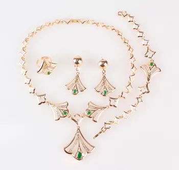 Zlatá Farba Zelená Crystal Náhrdelník Nastaviť Jemné Šperky Sady Svadobné Party Ženy Afriky Korálky Vintage Svadobný Prsteň Náramok Náušnice
