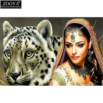 ZOOYA 5D DIY diamond výšivky Indické dievča&leopard diamond maľovanie Cross Stitch plné námestie Drahokamu mozaiky domáce dekorácie