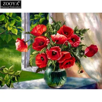 ZOOYA 5D DIY diamond výšivky červený kvet váza diamond maľovanie Cross Stitch plný vrták Drahokamu mozaiková výzdoba
