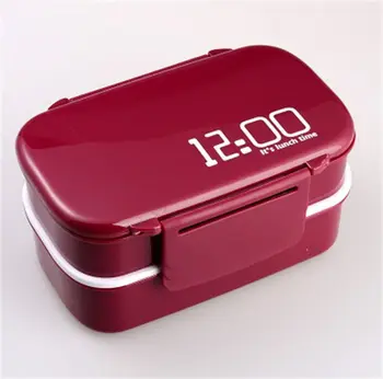 Zábava Život 12:00 je čas obeda Japonskom štýle dvojité tier Bento Lunch Box,Veľké jedlo box riad Easy-Open mikrovlnná rúra