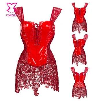 Červenej Krajky&PVC Korzet, Šaty Plus Veľkosť Korzety A Bustiers Sexy Gotické Oblečenie Paródia Kostým Ženy Espartilhos E Corpetes