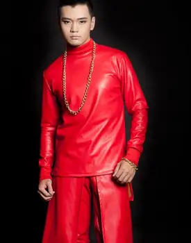 Červená Osobné muž faux kožené sako Spevák fáze mužov kabát rock fashion pu oblečenie, pánske bundy a kabáty Prispôsobiteľné