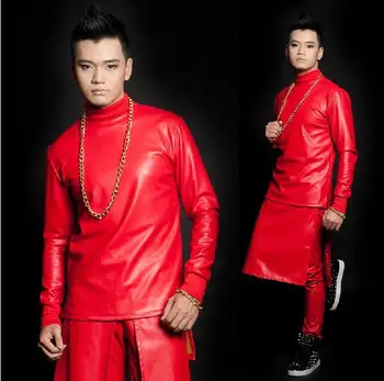 Červená Osobné muž faux kožené sako Spevák fáze mužov kabát rock fashion pu oblečenie, pánske bundy a kabáty Prispôsobiteľné