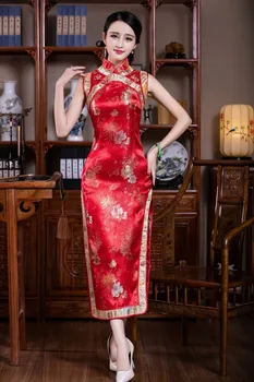 Červená Tradičné Čínske Oblečenie dámske Saténové Polyester Dlho Cheongsam Qipao Šaty Mujer Vestido Veľkosť S M L XL XXL JY025-1