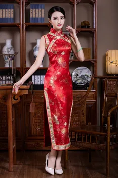 Červená Tradičné Čínske Oblečenie dámske Saténové Polyester Dlho Cheongsam Qipao Šaty Mujer Vestido Veľkosť S M L XL XXL JY025-1