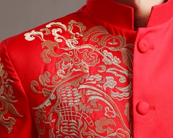 červená Tunika Tradičné Stojan Golier Obleky, Kostýmy Muž Výšivky Dragon Totem Vyhovovali Čínske svadobné šaty Dávnych Kostým tunika