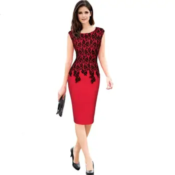 Červená žena lete čipky obtlačky šaty, šitie okolo krku sexy šitie ceruzka šaty profesionálne ženy šaty G28
