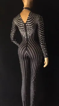 Čierna farba Pleti ženskej jumpsuit Iskrivý Perly, kryštály kostýmy Trikot úsek Remienky Bar Strany JAZZ DJ výkon oblečenie