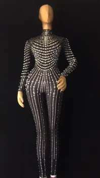 Čierna farba Pleti ženskej jumpsuit Iskrivý Perly, kryštály kostýmy Trikot úsek Remienky Bar Strany JAZZ DJ výkon oblečenie