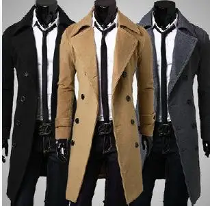 Čierna sivá khaki móda jeseň dlhá srsť mužov výkopu teenage slim mens bundy a coats zimné vlny kabát muži mens zákopy srsti