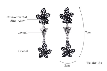 Čierny Kvet Petal Crystal Swing Drop Náušnice Antique Silver Farba Jedinečné Čaro Šperky, Dlhé Náušnice dangler Na Darček
