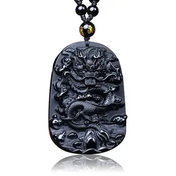 Čierny Obsidián Vyrezávané Dragon Šťastie, Amulety A Talizmany Prírodného Kameňa Prívesok S Voľným Korálky Reťazca Pre Mužov Šperky