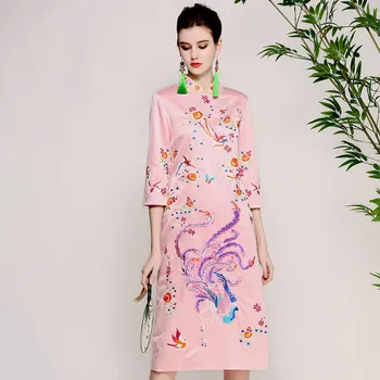 Čínske tradičné kvet, vták výšivky cheongsam šaty príležitostné práce strana bodycon šaty žien slim fit boho midi šaty