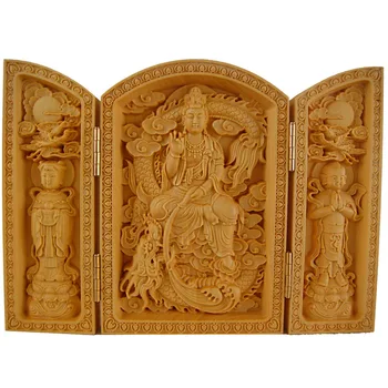 Čínsky drevorezbárstvo Budha Maitreya Budha ozdoby tri otvorené Fu Lu Shou domáce remeslá Guanyin Bódhisattva
