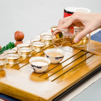 Čínsky čajový set priehľadné ohňovzdorné sklo čaj set z masívneho dreva s Kung Fu čaju zásobník balík