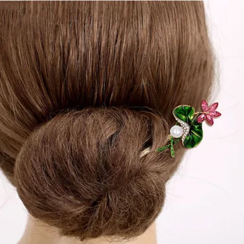 Čínsky Štýl Cloisonne Lotosový Kvet Vlasy Palice Ženy Klasické Imitácie Perál Hostiny, Vlasy, Šperky