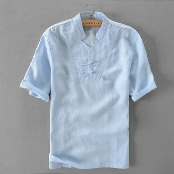Ľan biele tričko mužov lete krátky rukáv pevné tričko pánske nový dizajn stojana golier košele značky mužskej módy košieľka camisa