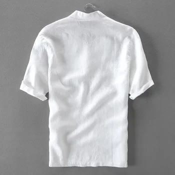 Ľan biele tričko mužov lete krátky rukáv pevné tričko pánske nový dizajn stojana golier košele značky mužskej módy košieľka camisa