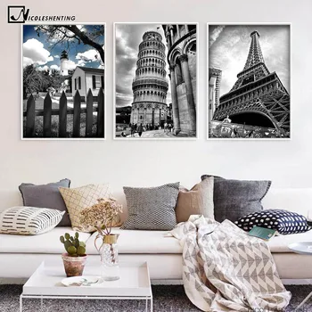 Šikmá Veža v Pise Eiffelova Veža Minimalistický Umelecké Plátno Plagát Čierna Biela Budova Stene Obraz Moderného Domova Miestnosti Dekorácie