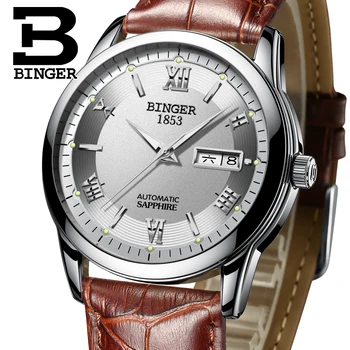 Švajčiarsko hodinky mužov luxusné značky náramkových hodiniek BINGER svetelný Mechanické náramkové hodinky koženým remienkom Vodotesné BG-0383-12
