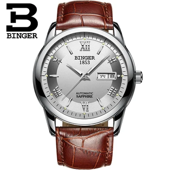 Švajčiarsko hodinky mužov luxusné značky náramkových hodiniek BINGER svetelný Mechanické náramkové hodinky koženým remienkom Vodotesné BG-0383-12