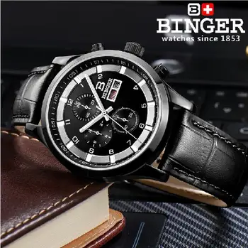 Švajčiarsko pánske hodinky, luxusné značky náramkových hodiniek BINGER Quartz plný kožený remienok z nerezovej ocele, vodotesné 300M BG-0403-4