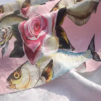 Šírka 145 CM hot predaj módnych Ryby a ruže digitálne maľovanie žakárové tkaniny pre šaty 40%bavlna tissu au meter svetlé tkaniny urob si sám