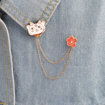 Šťastie Cat Kitten Červený Kvet Brošňa Kovové Smalt Zvierat Tlačidlo Kolíky S Reťazca T-shirt ladies Bunda Taška Pripnúť Odznak Módne Šperky