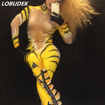 Ženské nočný klub Pól tanec DJ výkon kostým žltý trikot Elastické jumpsuit Tiger tlač slim kombinézu fáze show nosí
