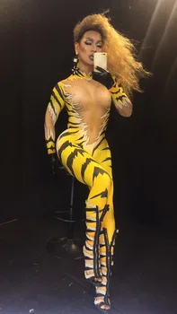 Ženské nočný klub Pól tanec DJ výkon kostým žltý trikot Elastické jumpsuit Tiger tlač slim kombinézu fáze show nosí