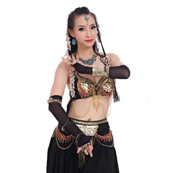 Ženy, Tribal Belly Dance Nosenie 4 Kusy Oblečenia Nastaviť Antické Bronzové Guľôčky Podprsenka Pás Sukne Cigán Tanečné Kostýmy