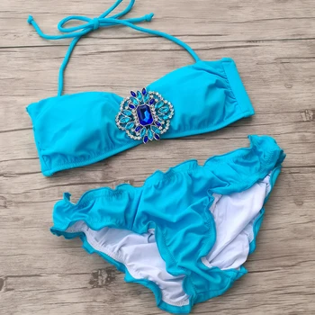 Ženy Vzory Tajné Páva Kryštál Diamantu Bikini set Bandeau Modré Plavky, plavky Sexi Biquini brazílske Plavky
