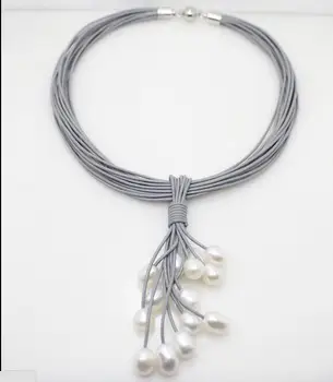 Ženy Šperky, ručne vyrábané Darčeky white pearl prívesok Viacvrstvových náhrdelník Skutočné sivé Kožené prírodné sladkovodné perly Magnet spona