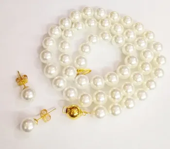 Ženy Šperky Set 10 mm kolo perličiek biele prírodné south sea shell perly náhrdelník + stud náušnice zlatá farba spona