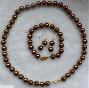 Ženy Šperky Set 8 mm 10 mm 12 mm kolo hnedá čokoláda skutočný prírodný south sea shell perly náramok, náhrdelník + visieť háčik náušnice