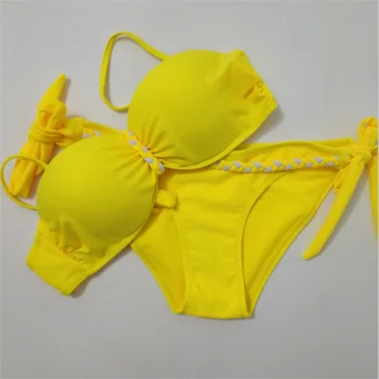 Žltá Backless Bandeau Plavky Bikiny Brazílsky 2018 Push Up Bikiny Nastaviť Ženy Sexy Solid Plus Veľkosť Plavky, plavky 3XL