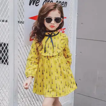 Žltá kvetinový batoľa šaty s dlhým rukávom baby girl kórejský štýl princezná šaty pre dievčatko oblečenie na jeseň jar sladké dieťa